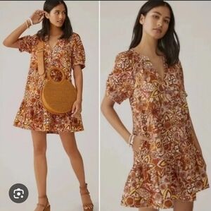 Anthropologie PILCRO Puffed Sleeve Floral Tapestry Dress Cotton/Linen Size Large